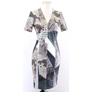NWT $990 Yigal Azrouel Snakeskin Print Scuba Sheath Dress Sz 4 Green Gray Brown